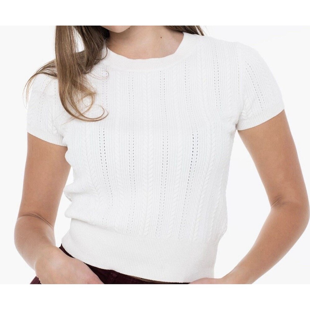 GUESS Women’s M White Cable Knit Short Sleeve Sweater Top Crew Neck